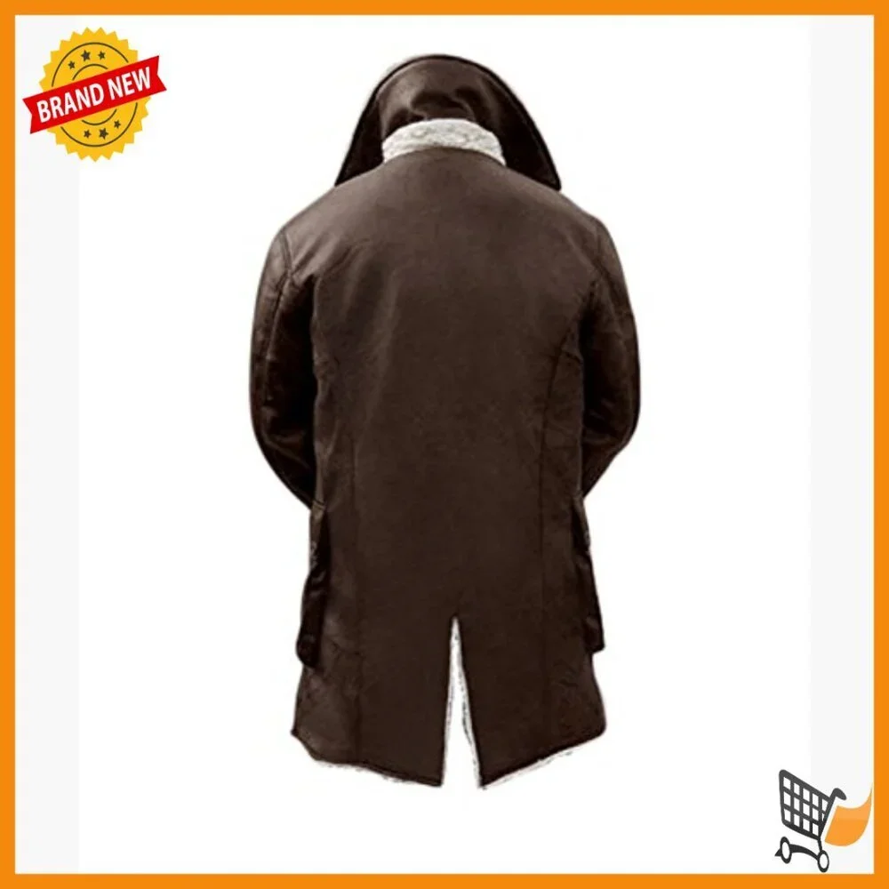 Men's Faux Leather Trench Coat with Faux Shearling Lining, Slim Fit